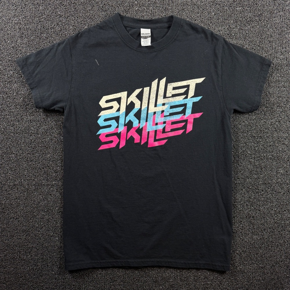 Skillet Band Tee Mens S Black Neon Spellout Logo Y2K Grunge Goth Metal Rock Band